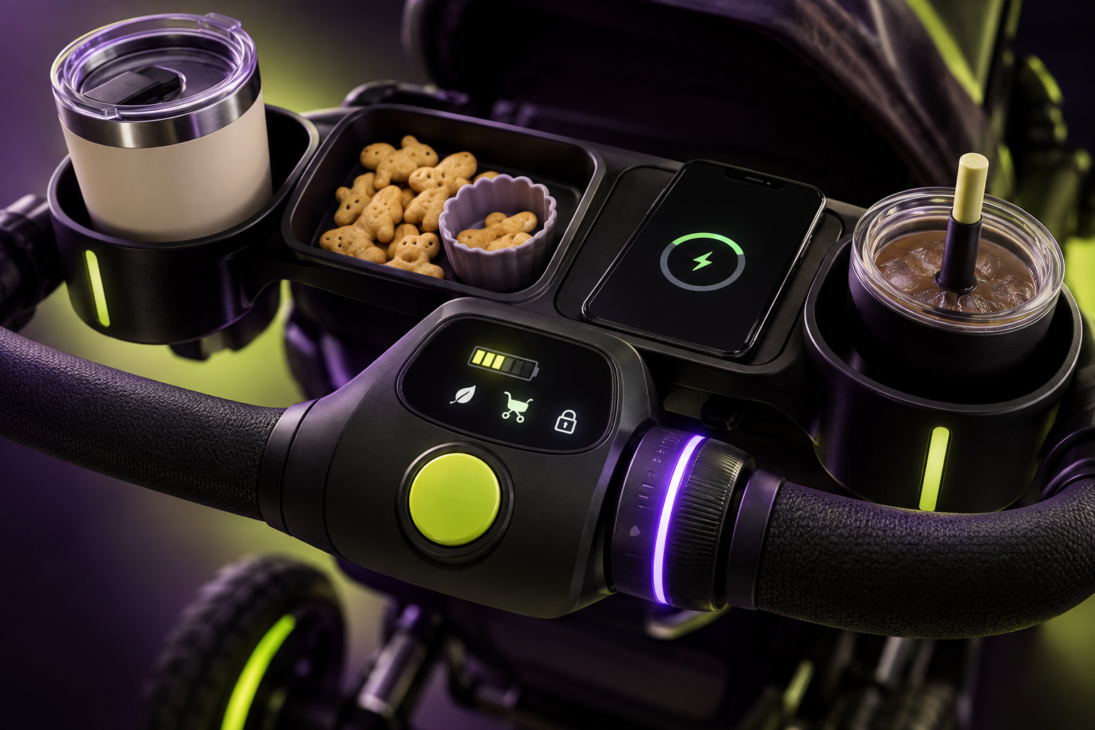 Close-up of the stroller control and snack console